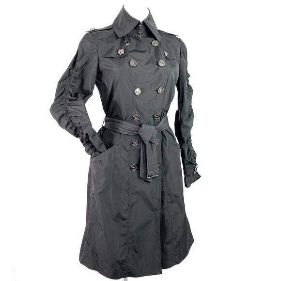 BURBERRY BLACK LONG LIGHTWEIGHT BELTED RAIN TRENCH COAT SIZE 6 - Picture 1 of 16